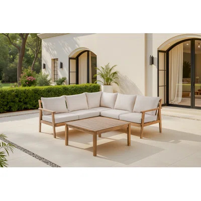 Weslyn L-shape 5 - Person Acacia Wood Modular Patio Conversation Sets With Cushions | Wayfair North America