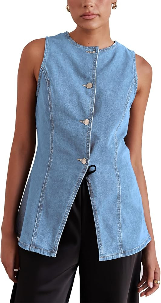 Women’s Long Denim Vest Waistcoat Vest Sleeveless Button-Up Back Slit Jean Jacket Vest Y2k Clot... | Amazon (US)