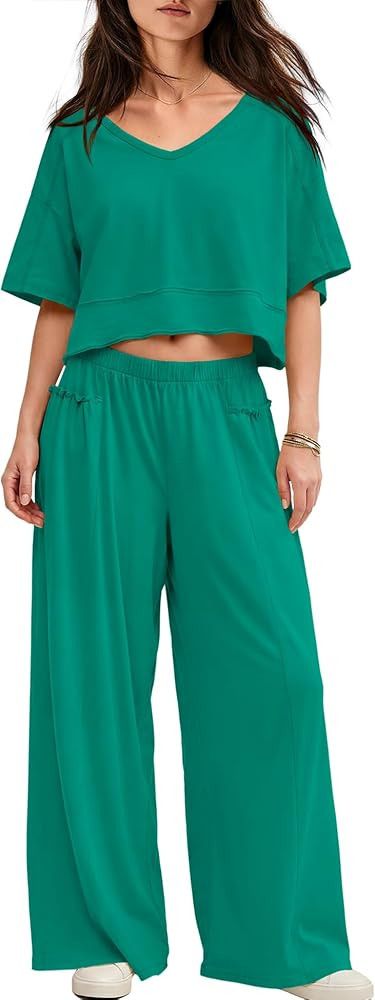 Yanekop Womens Two Piece Lounge Set for Summer Airport Travel Outfit V Neck Crop Tops and Wide Le... | Amazon (US)