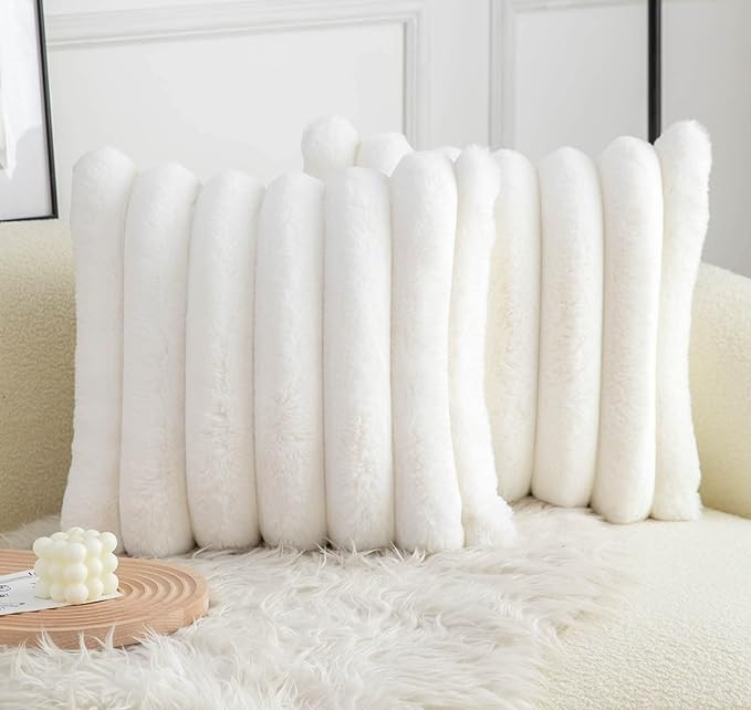 Neelvin Cream White Faux Fur Cozy Soft Striped Decorative Throw Pillow Covers 20x20 inch Set of 2... | Amazon (US)