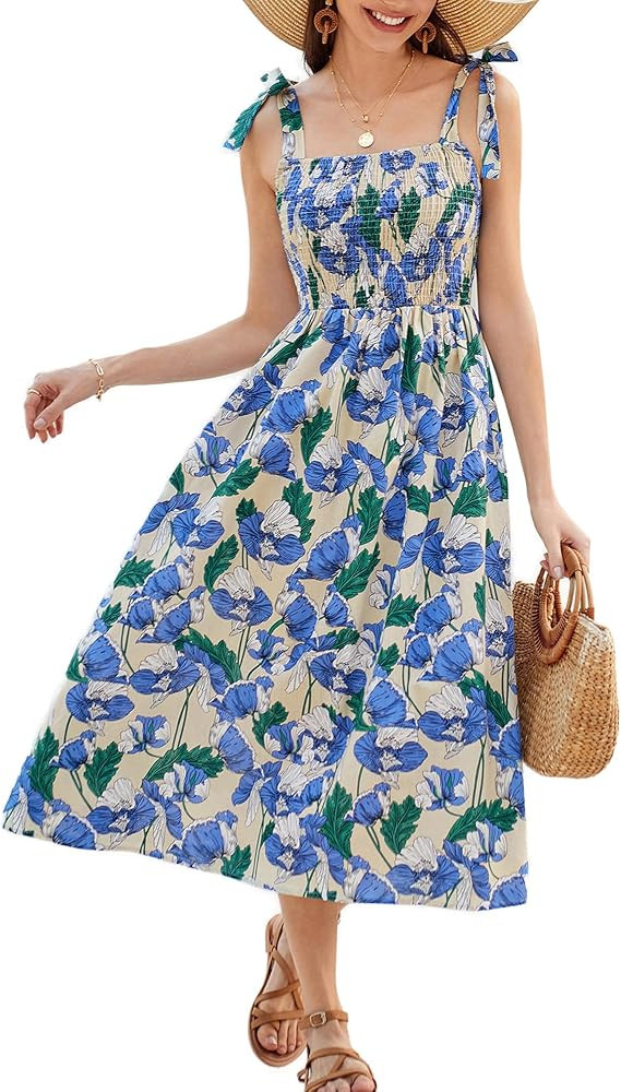 GRACE KARIN 2024 Summer Sundresses Tie Spaghetti Straps Sleeveless Smocked Floral Print Flowy Boh... | Amazon (US)