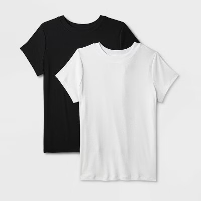 Women's Slim Fit Short Sleeve Ribbed 2pk Bundle T-Shirt - A New Day™ Black/White M: Cotton Moda... | Target