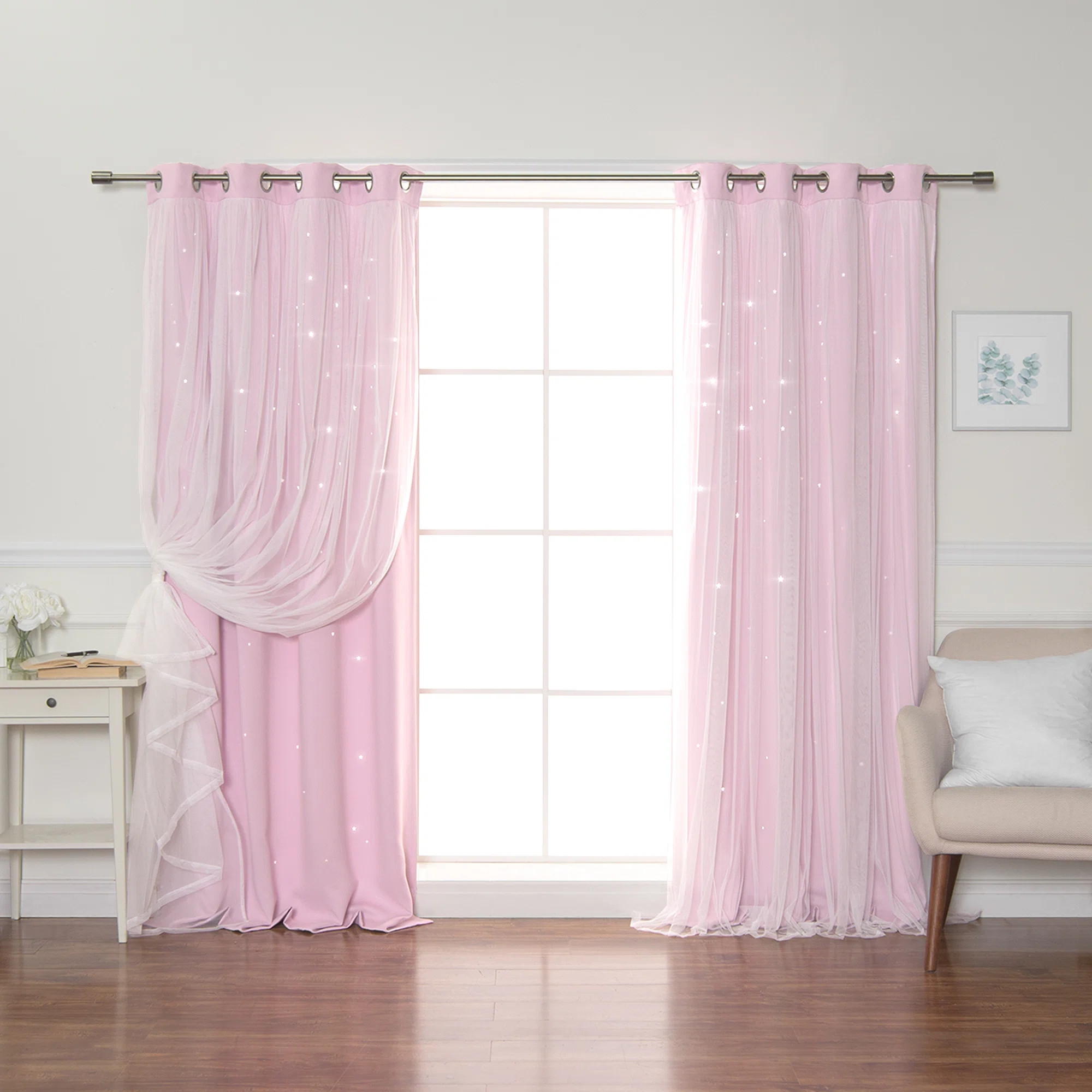 Jenifer Tulle Overlay Star Cutout Solid Room-Darkening Grommet Curtain Panels (Set of 2) | Wayfair North America