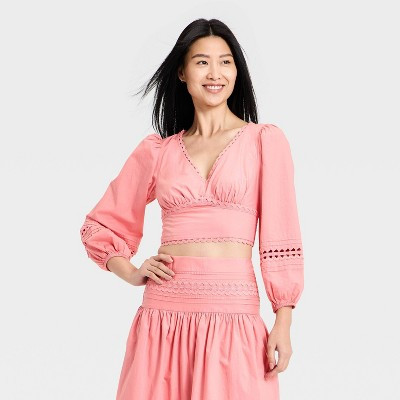 Women's Long Sleeve Eyelet Detail Top -  A New Day™ Pink XL | Target