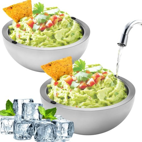 Dip Chiller Bowl - Large 35oz Capacity - Frozen Ice Stainless Steel Party Serving Bowl - Insulated Dip Dish Platter Keeps Salsa, Guacamole, Condiments, Sauces, Salad & Food Hot or Cold (2 Bowls) | Amazon (US)