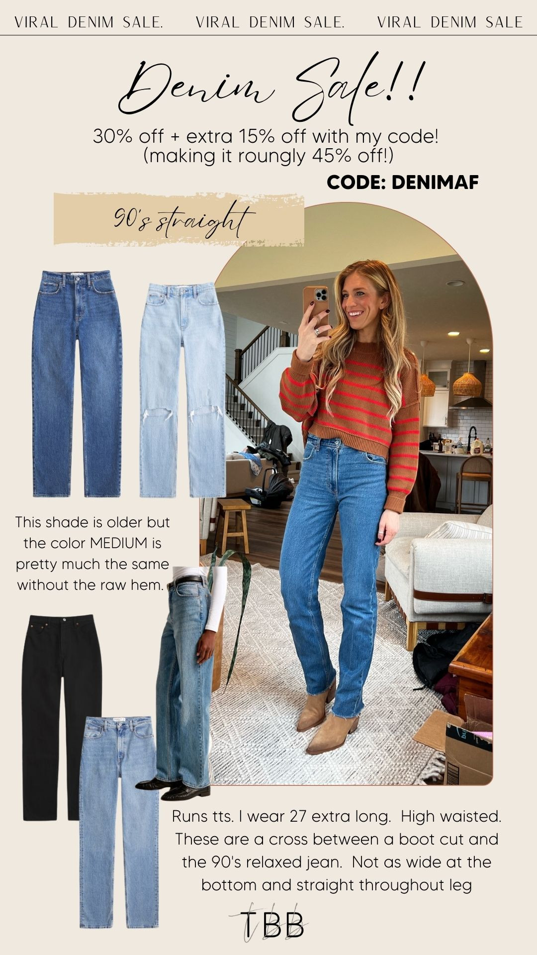 Runs tts. I wear 27 extra long.  High waisted.  These are a cross between a boot cut and the 90's relaxed jean.  Not as wide at the bottom and straight throughout leg