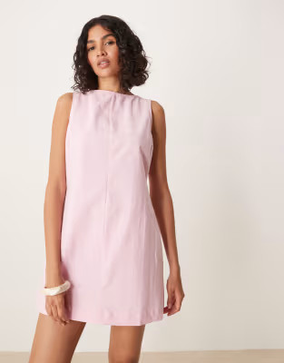 ASOS DESIGN slash neck cotton linen mini shift dress in pink | ASOS | ASOS (Global)