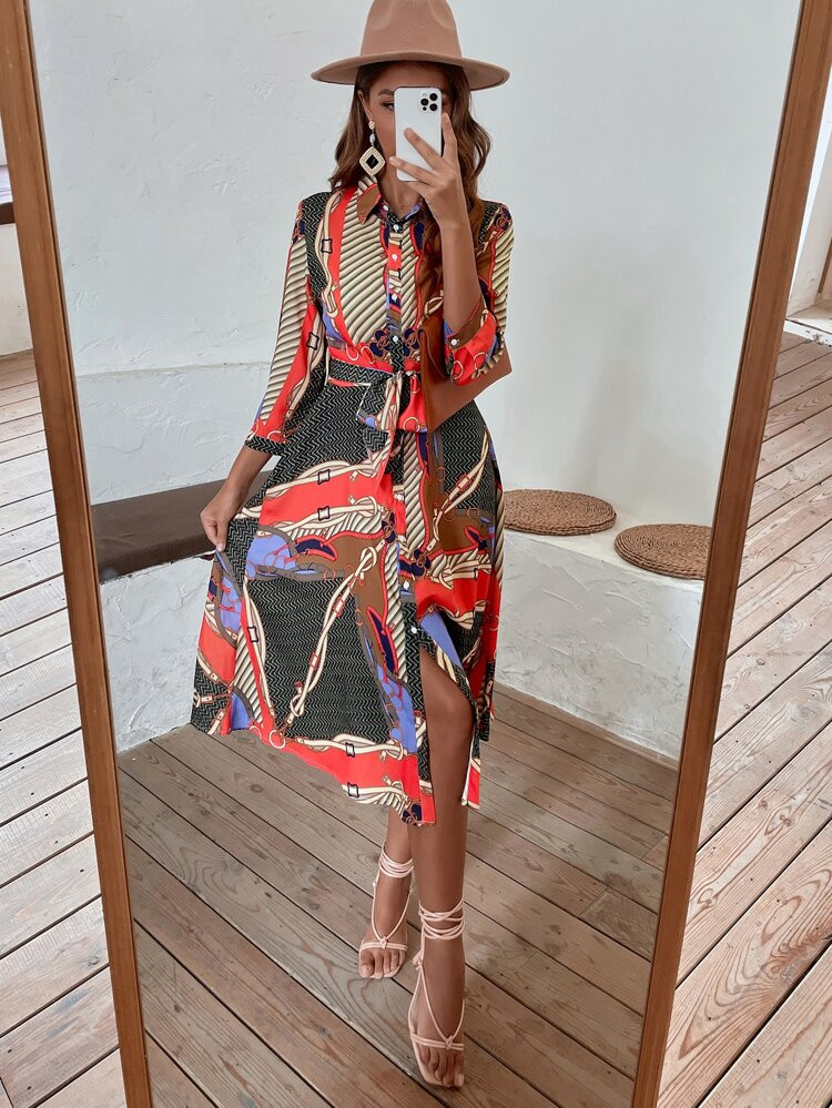 Scarf Print Shirt Dress With Belt | SHEIN