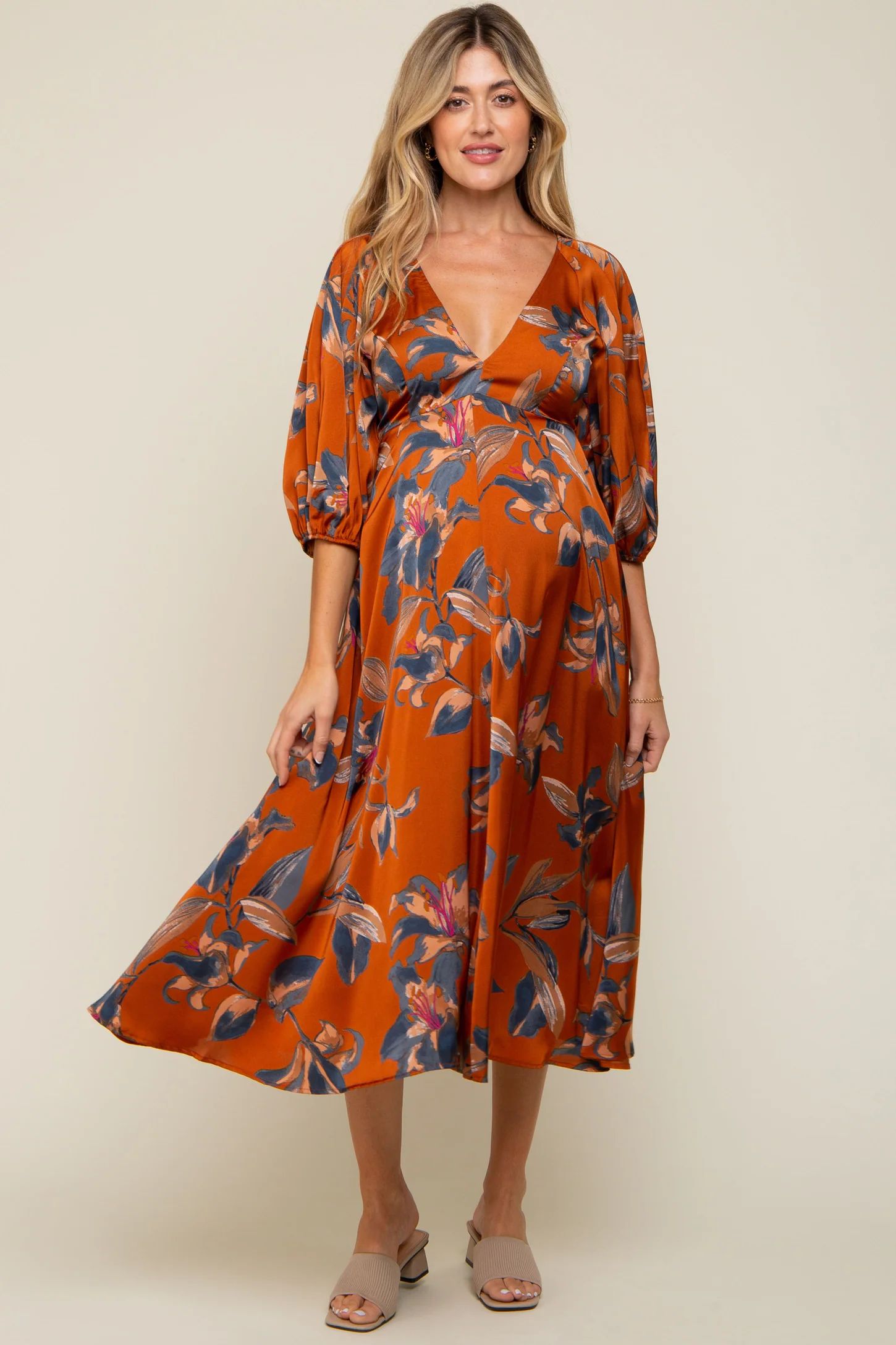 Rust Floral Satin Puff Sleeve Maternity Midi Dress | PinkBlush Maternity