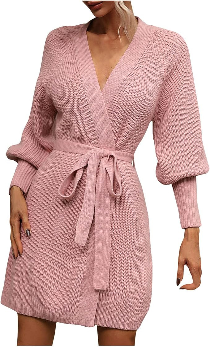 Women’s Long Lantern Sleeve Oversized Wrap V Neck Soft Knit Sweater Dress Open Front Cardigan C... | Amazon (US)