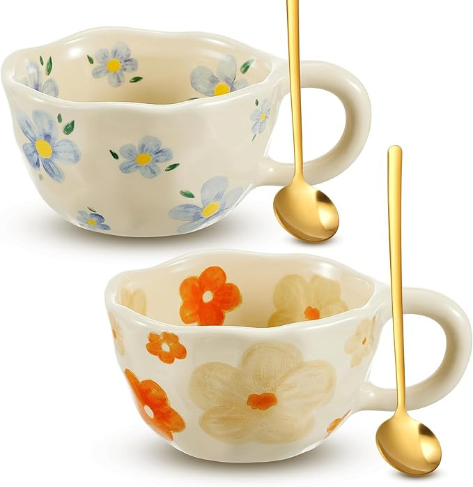 Vesici 2 Pcs Ceramic Coffee Mugs Flower Mugs with Spoon Vintage Floral Mugs with Handle 8.5 oz Cu... | Amazon (US)