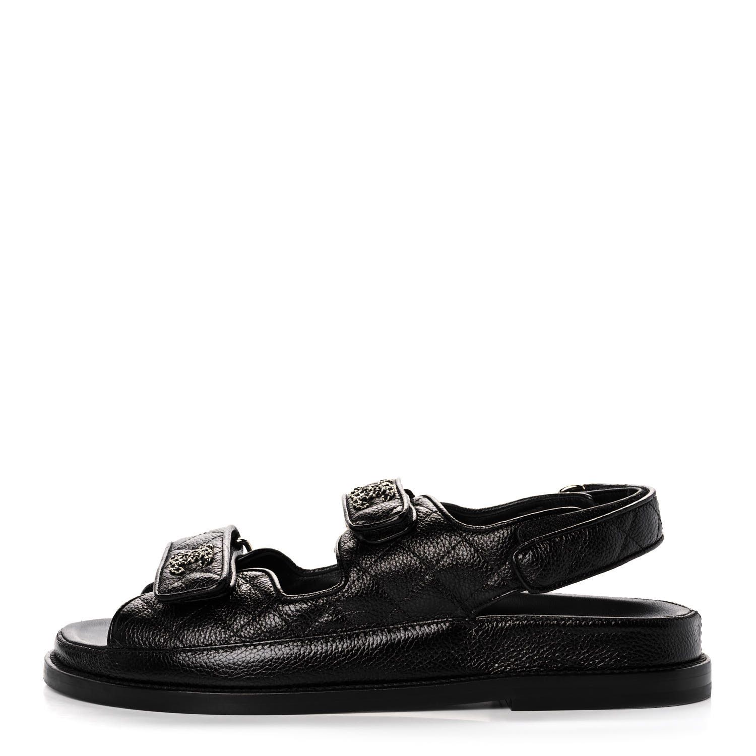 CHANEL Grained Calfskin Velcro Dad Sandals 37.5 Black | FASHIONPHILE | Fashionphile
