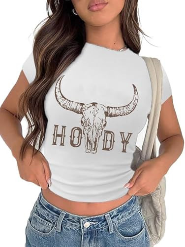 Crop Cowgirl Shirt for Women Cropped Country Concert Tops Chic Cow Skull Cowboy T-Shirt Rodeo Western Graphic Tee Outfit Cow Skull White XS | Amazon (US)