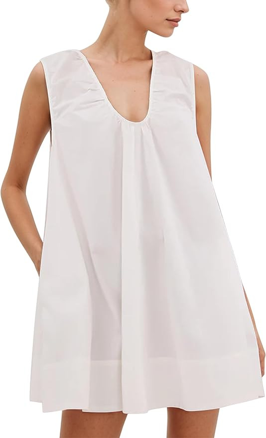 MISSACTIVER Women's Sleeveless Babydoll Tank Mini Dress Scoop Neck Ruched Short Dress with Side P... | Amazon (US)