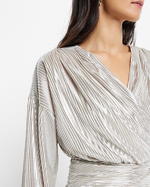 Metallic Foil Pleated Wrap Tie Waist Top | Express