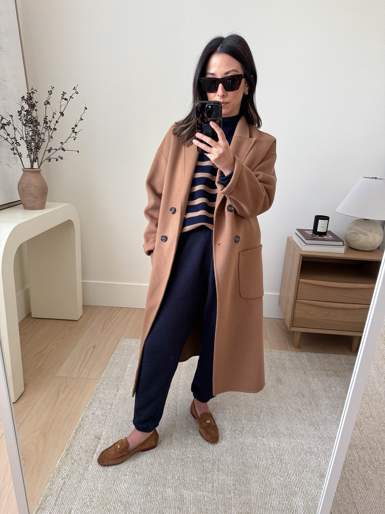 Frank & Eileen Monterey Navy with camel stripe cotton sweater. This sweater is very nice. Washed to swell. I Sized up, but you don't need to even for a roomy fit. Comes in a ton of colors. 

Anine Bing Coat xxs
Frank & Eileen sweater small
Jenni Kayne sweatpants xs (old)
Veronica Beard loafers 5.5. Go tts, they stretch out
Celine Sunglasses

Petite style, holiday outfits, fall outfits, fall fashion, coats 

#LTKHoliday #LTKCyberWeek #LTKSaleAlert