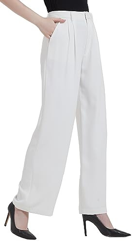 Tronjori Women High Waist Casual Straight Leg Long Business Work Suit Dress Pants Wide Leg Trousers Regular Waistband(4 Short,Ivory White) | Amazon (US)