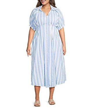 Sugarlips Plus Size Stripe Printed Collared V-Neck Short Sleeve Button Down Midi Dress - 1X | Dillard's