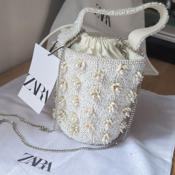 Zara White pearl Beaded Bucket Bag Top Handle Shoulder Chain Strap NWT | Poshmark