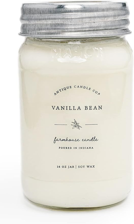 Antique Candle Co.® Vanilla Bean 16 Ounce Soy Wax Candle, 80 Hour Burn Time, Cotton Wick, Mason ... | Amazon (US)