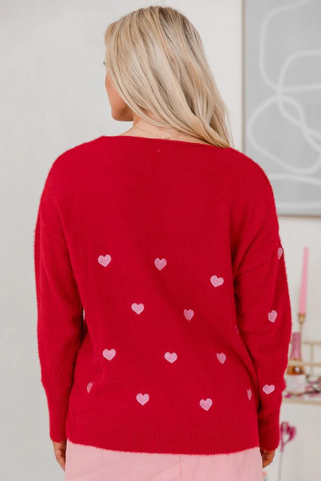 Distant Thoughts Red V-Neck Heart Sweater FINAL SALE | Pink Lily