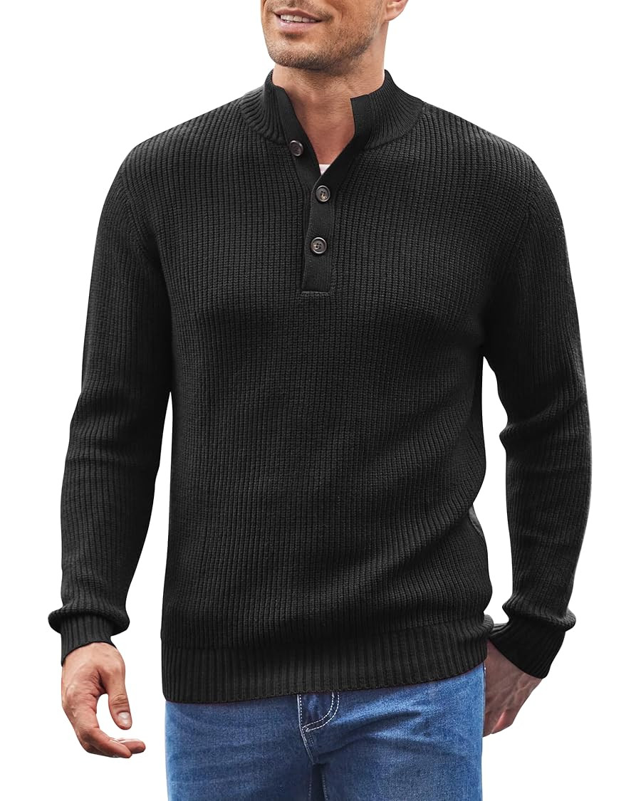 COOFANDY Men Stand Collar Sweater Knit Henley Long Sleeve Quarter Button Pullover | Amazon (US)