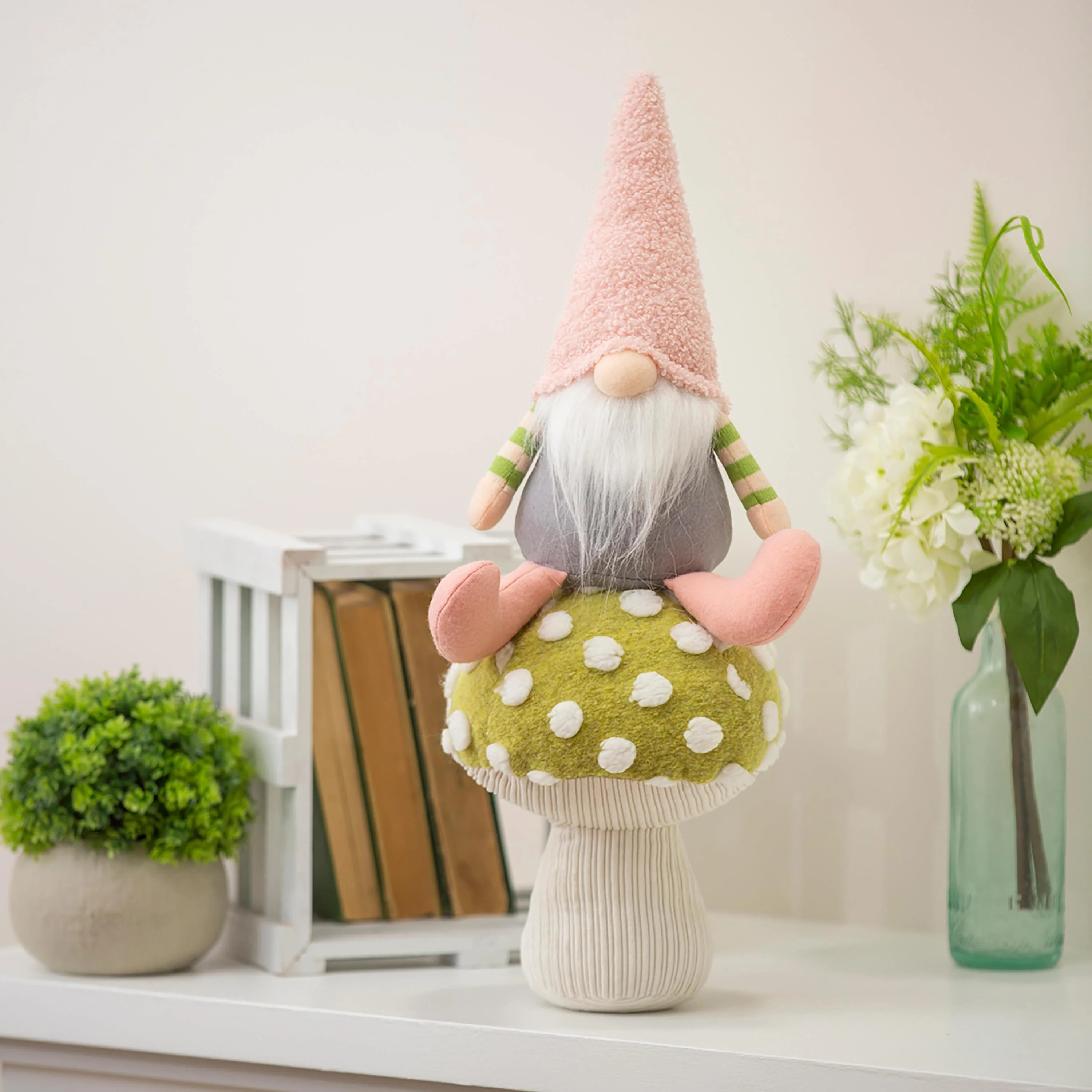 19" Fabric Plush Gnome Sitting on Mushroom Table Décor | Plow & Hearth