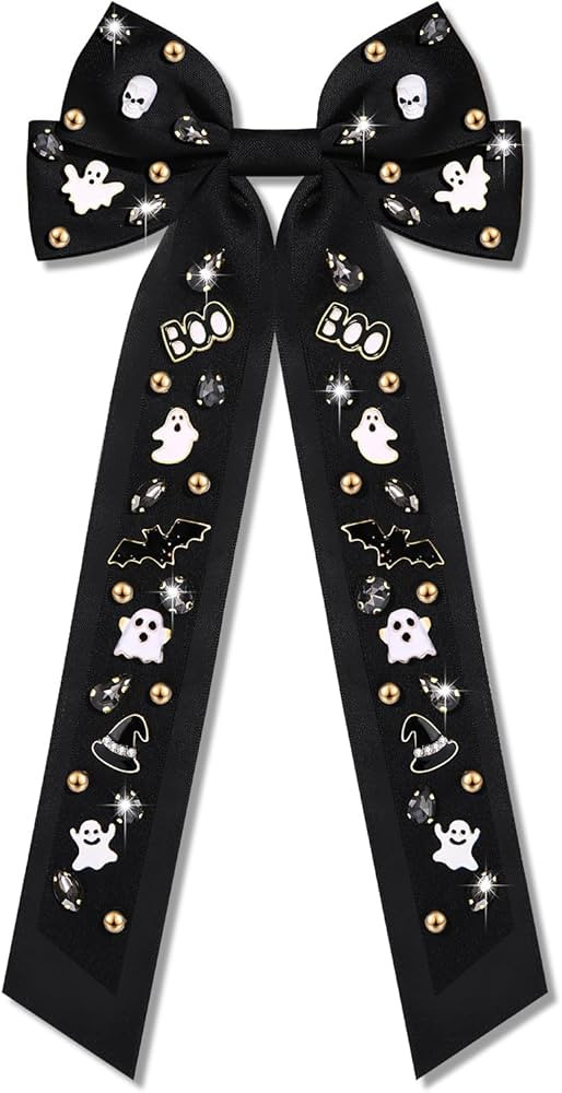 Boderier Halloween Hair Bows for Women Beaded Ghost Bat Hair Bow Clip Long Tail Satin Bow Barrett... | Amazon (US)