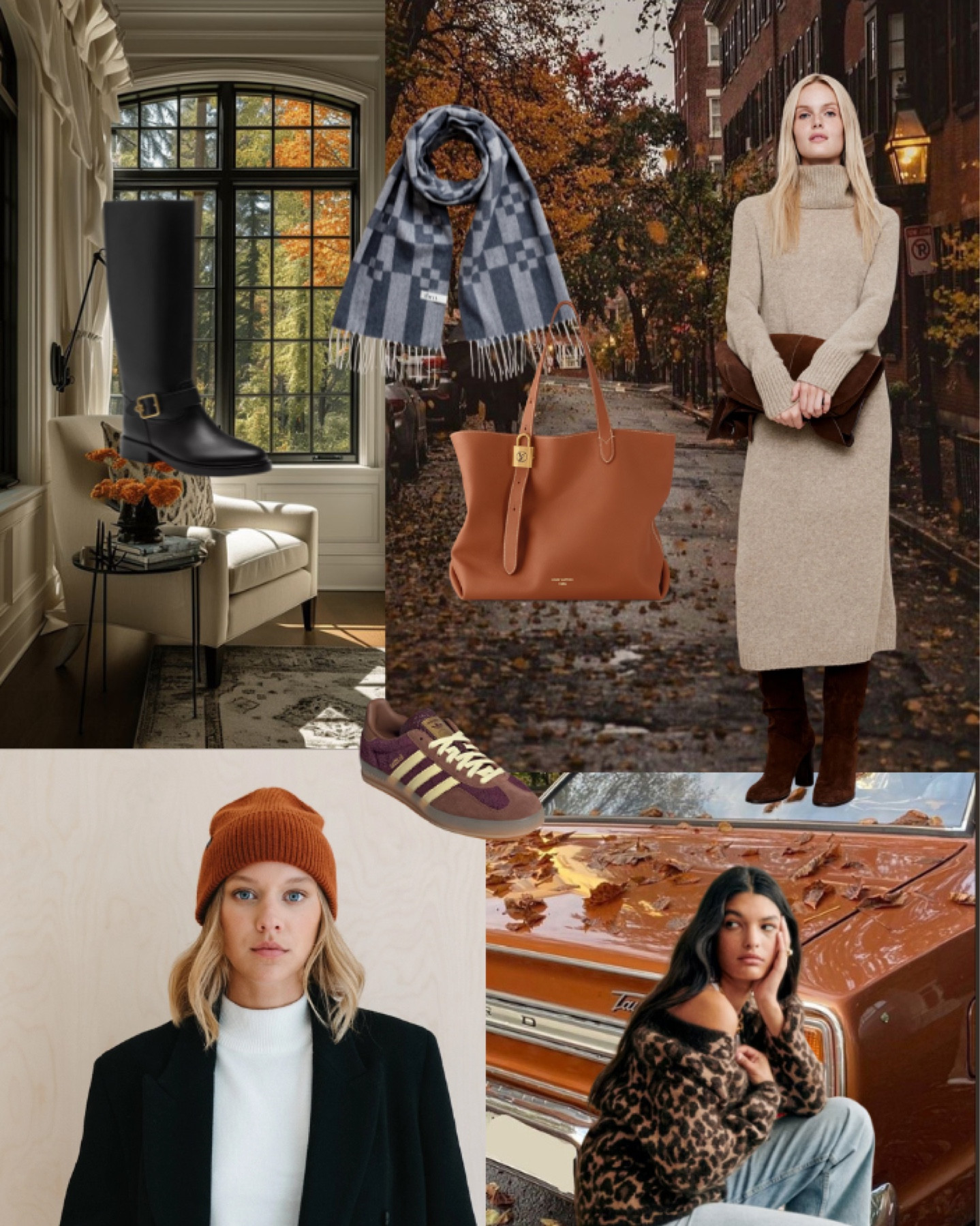 Fall Fashion | Autumn | Layers | Cashmere | Turtleneck | Sweater Dress | Cozy | Warm | Sneakers | Beanie | Rust | Cognac | Cheetah Print | Scarf | Blanket | Black Boots | Adidas | Banana Republic | Sezane | Coach | Louis Vuitton