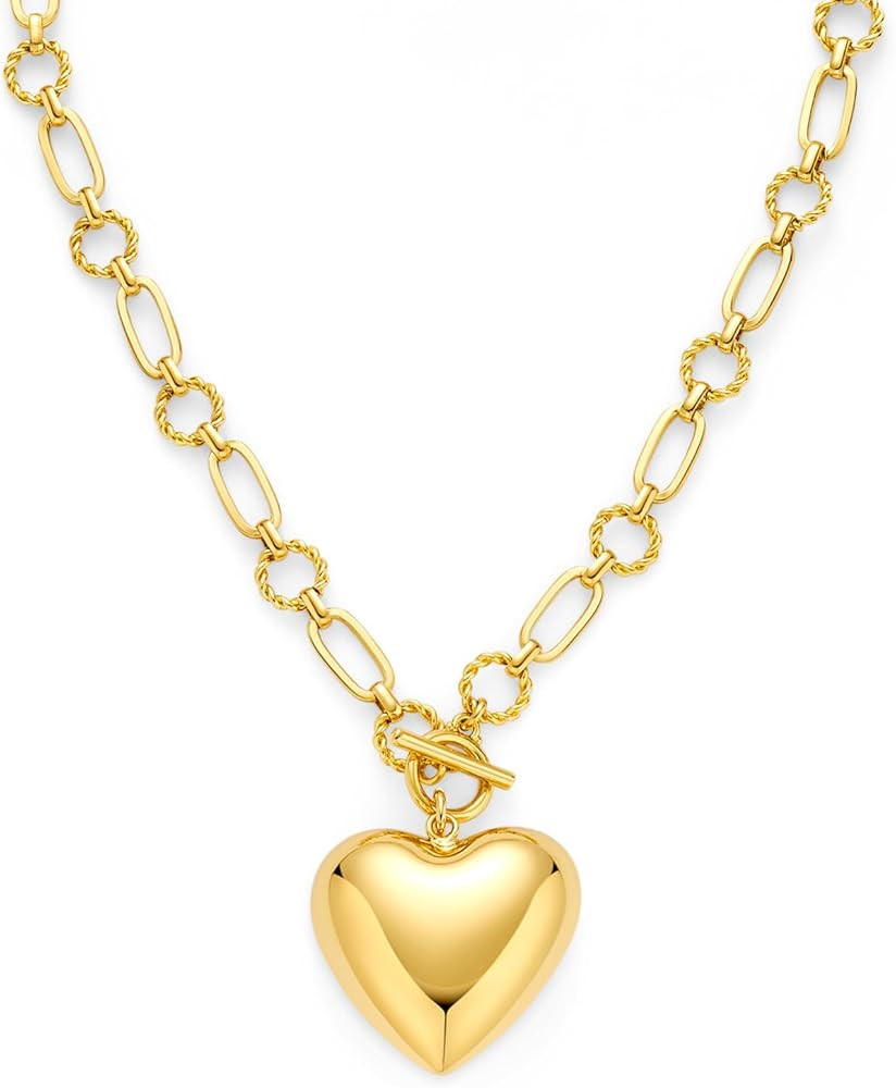 Chunky Necklace for Women 18K Gold Plated Puffy Heart Star Cross Pendant Necklaces Statement Tren... | Amazon (US)
