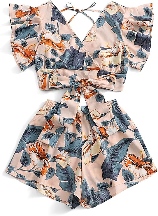 SweatyRocks Women's 2 Piece Boho Butterfly Sleeve Knot Front Crop Top with Shorts Set | Amazon (US)
