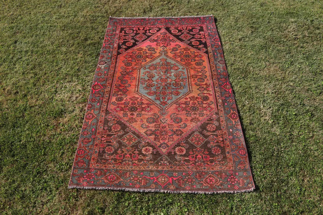 Vintage Turkish Oushak Rug 3.7x6.2 ft (112x189 cm), Red Abstract Wool Rug | Etsy (Global)