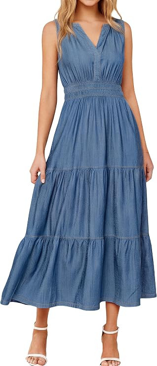 BerryGo Womens Denim Dress Sleeveless Jean Maxi Dress Empire Waist Flowy A Line Cowgirl Country S... | Amazon (US)