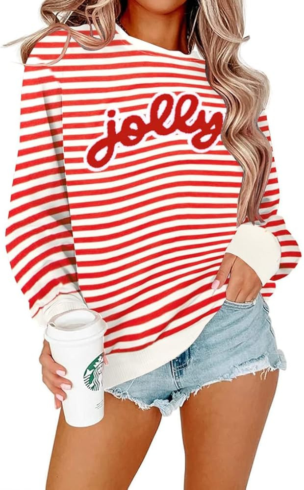 Christmas Sweatshirts For Women Jolly Glitter Patch Crewneck Sweatshirt Xmas Long Sleeve Striped ... | Amazon (US)
