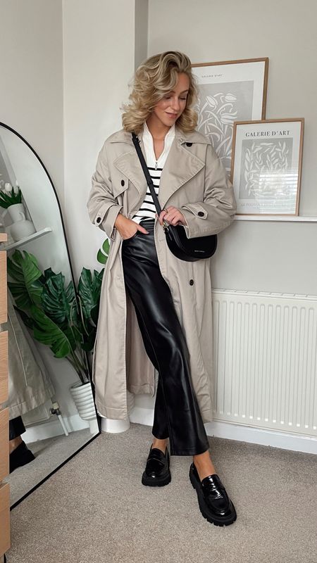 Oversized trench coat from H&M (old)
Striped jumper with zip from mango (wearing a size M)
Faux leather trousers from mango
Chunky loafers from NAKD 
cross body bag from Katie Loxton

#LTKeurope #LTKSeasonal #LTKstyletip