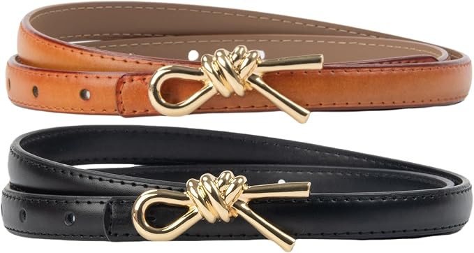 2 Pack Womens Belts for Jeans Pants Dresses Fashion Ladies Skinny Leather Waist Belt with Gold Bu... | Amazon (US)