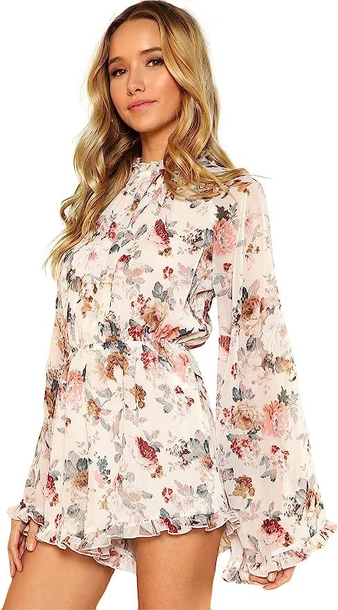 Romwe Women's Floral Printed Ruffle Bell Sleeve Loose Fit Jumpsuit Rompers | Amazon (US)