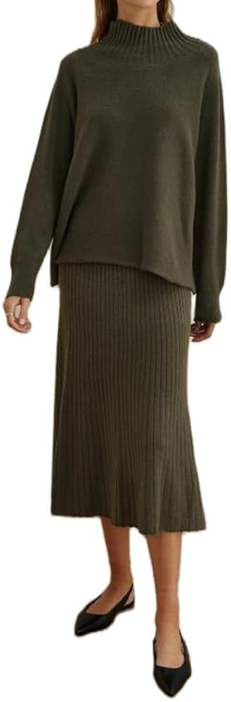 NUFIWI Women Turtleneck Sweater and Knit Skirts 2 Pieces Set Loose Fit Knitted Pullovers Bodycon ... | Amazon (US)