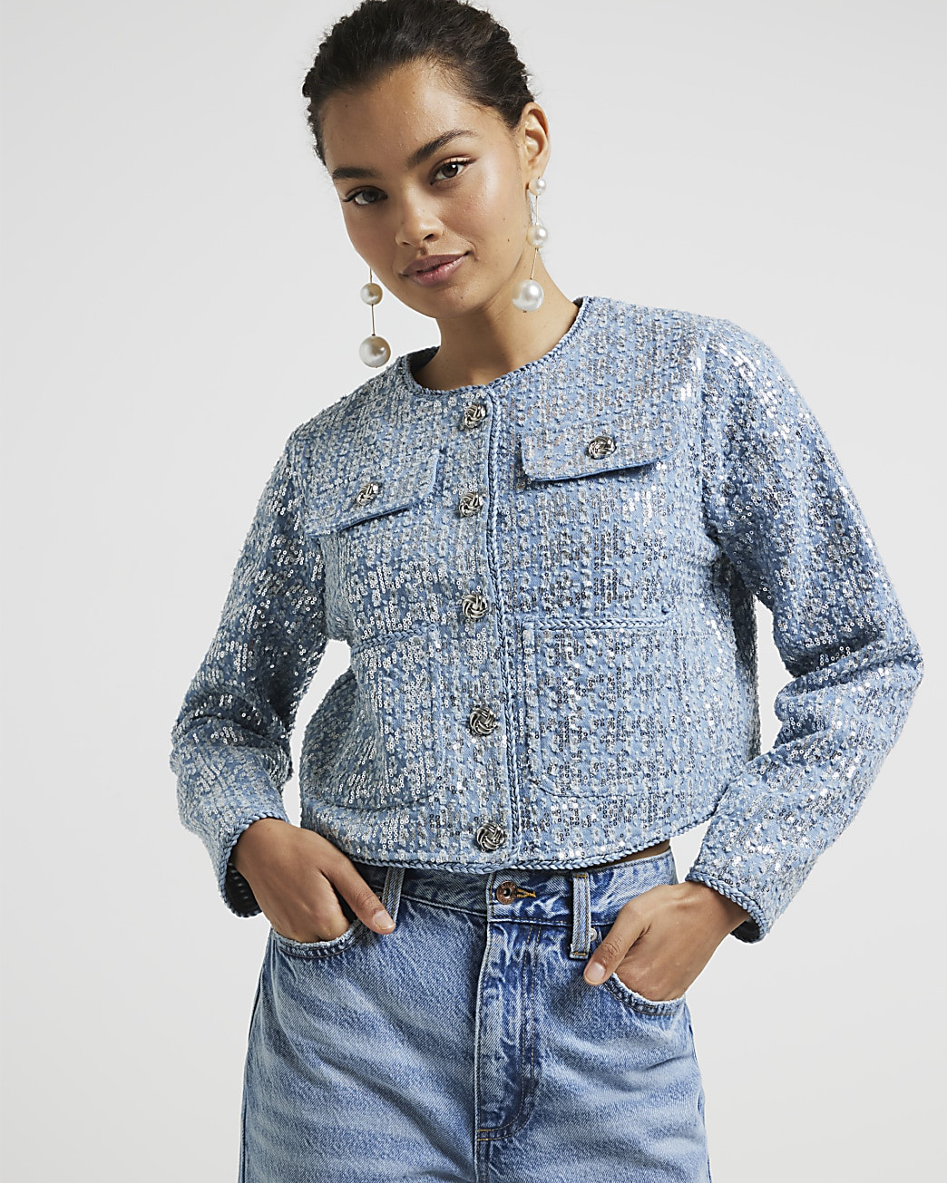 Petite blue denim sequin detail trophy jacket | River Island (UK & IE)