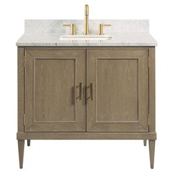 Cerise Updated Traditional White Marble Brown Wood Oak Vanity Sink - 37" | Kathy Kuo Home