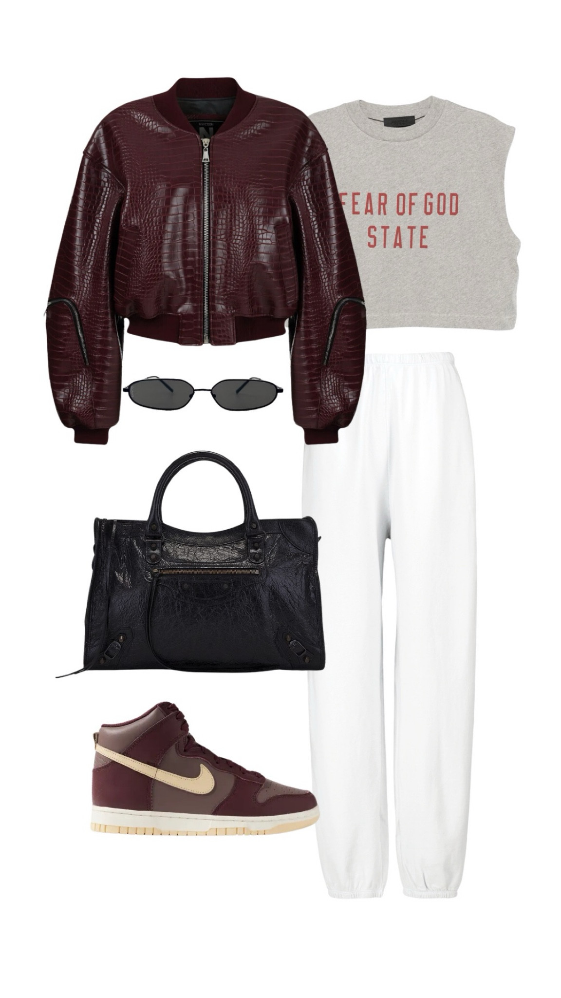 Easy, cool, and effortlessly comfy 🍂✨ This burgundy leather bomber is the statement piece your fall wardrobe needs – and it’s under $350! Paired with classic white sweatpants, a simple muscle tank, and trending high-top dunks for that laid-back vibe. 

#LTKStyleTip #LTKShoeCrush #LTKSeasonal