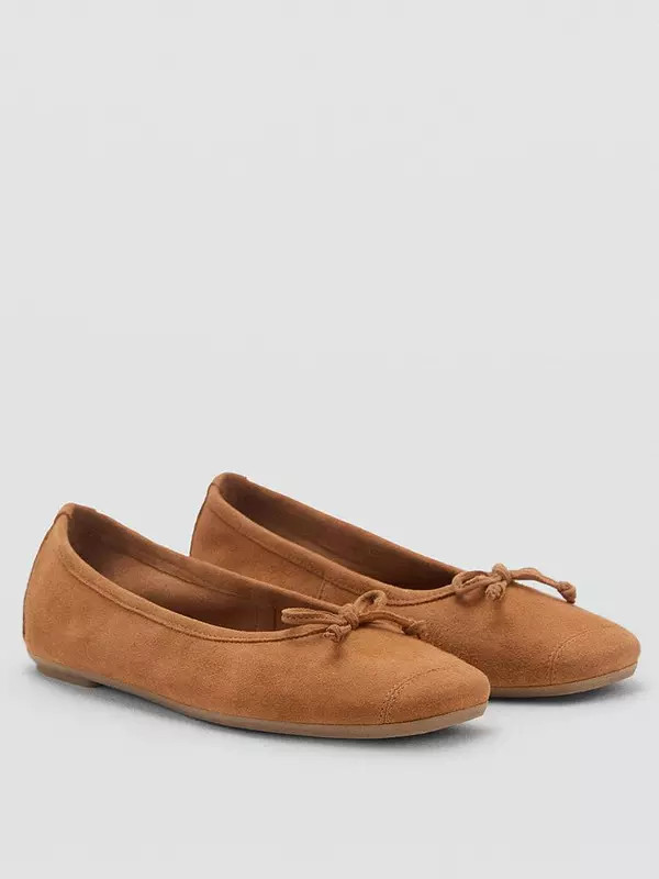 Mango Bow Suede Ballerina - Brown | Very (UK)