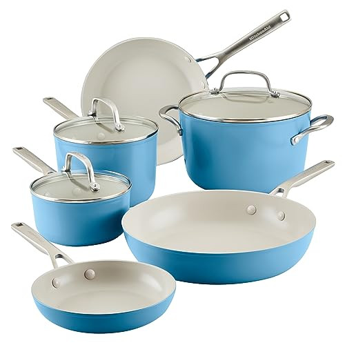 KitchenAid Hard Anodized Ceramic Nonstick Cookware Pots and Pans Set, 9 Piece - Blue Velvet | Amazon (US)