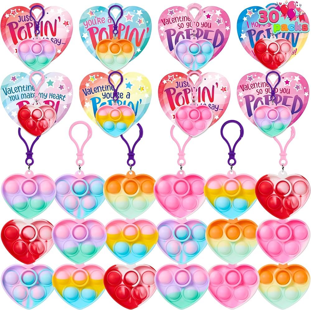 JOYIN 30 Packs Valentine’s Day 6-Design Gift Cards with Heart Pop Bubble Keychain, Mini Pop Squ... | Amazon (US)