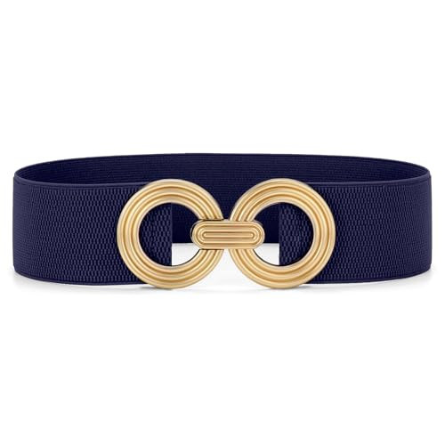 WHIPPY Women Wide Elastic Waist Belt Fashion Hollow Out Round Gold Buckle Stretchy Belt Waistband for Ladies, Navy Blue, S | Amazon (US)