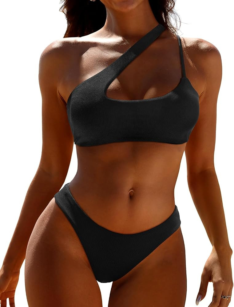 Holipick Women’s Sexy Thong Ribbed Bikini Set One Shoulder Cutout High Cut Cheeky Two Piece Swi... | Amazon (US)