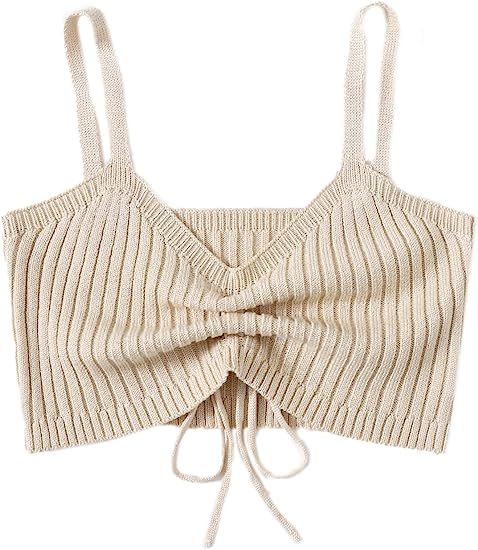 SweatyRocks Women's Drawstring Front V Neck Sleeveless Knit Crop Cami Top | Amazon (US)