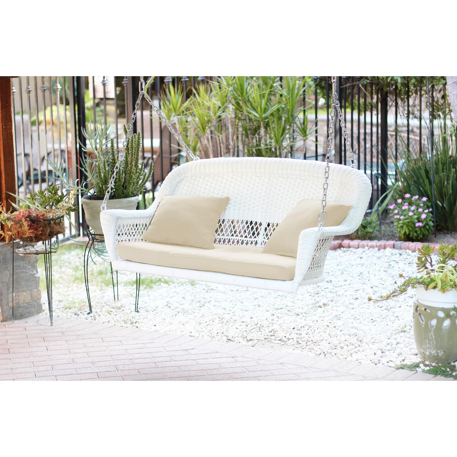 Jeco W00206S-B-FS001 White Resin Wicker Porch Swing with Ivory Cushion | Walmart (US)