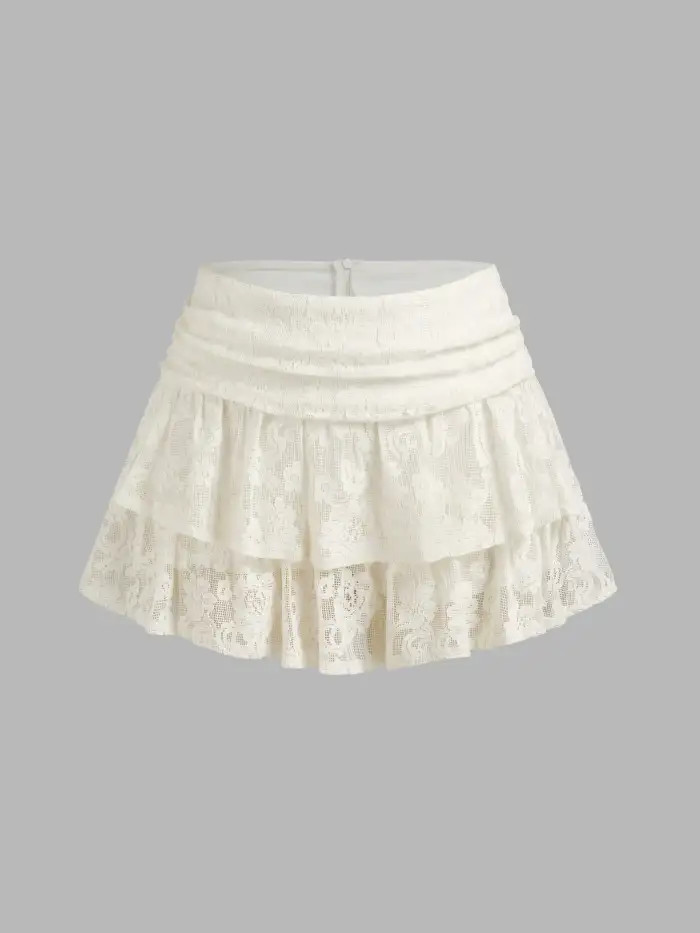 Western Outfits Knit Fabric Ruched Floral Lace Layered Mini Skort For Daily Casual | Cider