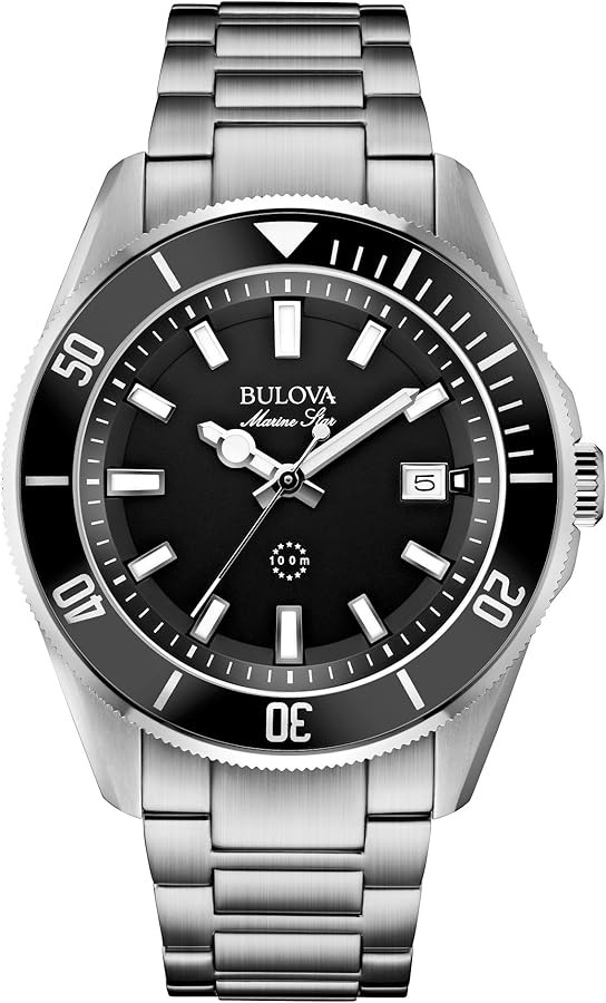 Bulova Men's Marine Star 'Series B' Stainless Steel 3-Hand Calendar Quartz Watch, Black Dial Styl... | Amazon (US)